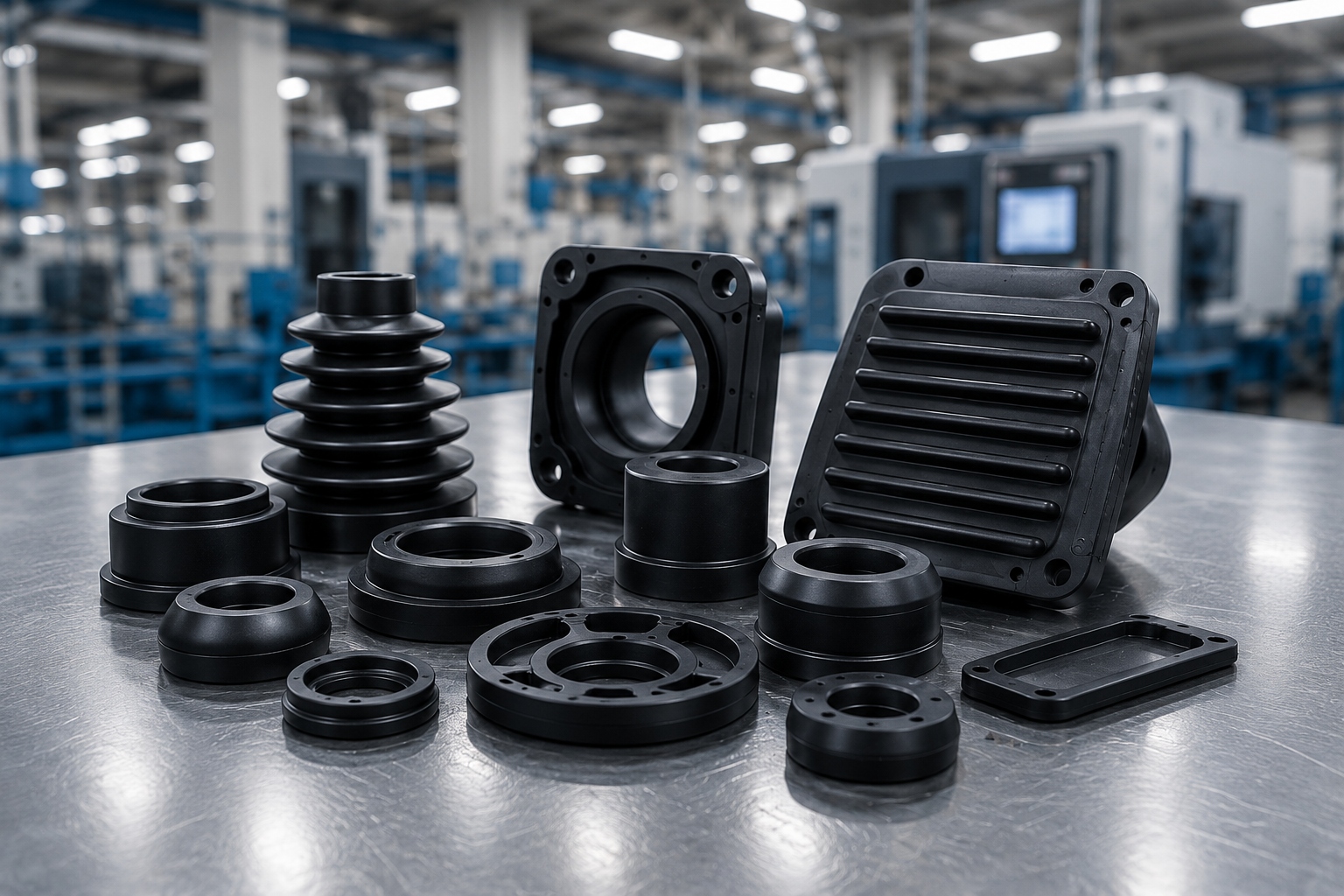 N.B. Industries precision rubber components — brake pedal pad, buffer seal, drain pump seal, engine mount bush, faucet base gasket, oil filter gasket, valve cap gasket