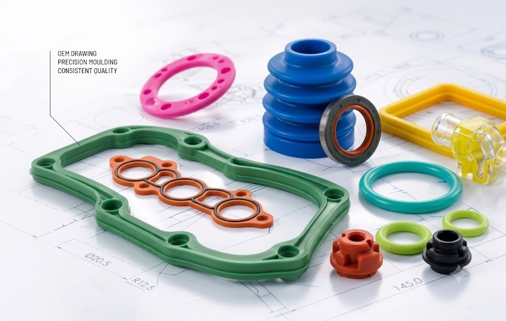 Custom rubber components built to specification, with OEM drawing precision moulding callout